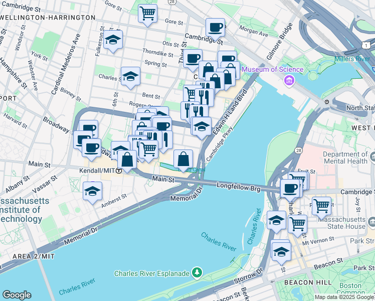 map of restaurants, bars, coffee shops, grocery stores, and more near 21 Athenaeum Street in Cambridge