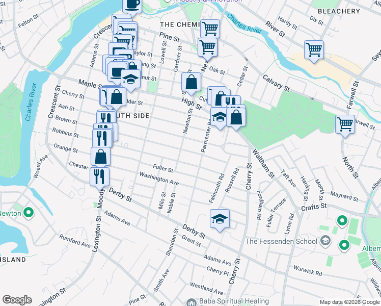 map of restaurants, bars, coffee shops, grocery stores, and more near 249 Robbins Street in Waltham