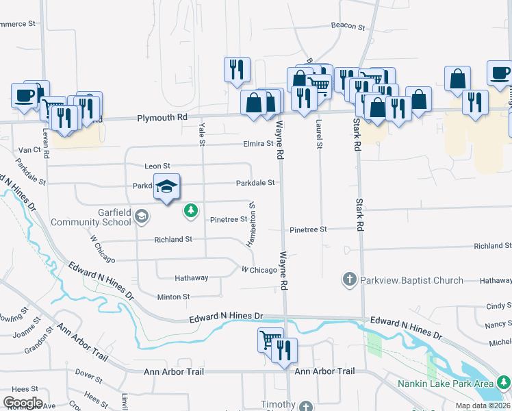 map of restaurants, bars, coffee shops, grocery stores, and more near 34957 Parkdale Street in Livonia