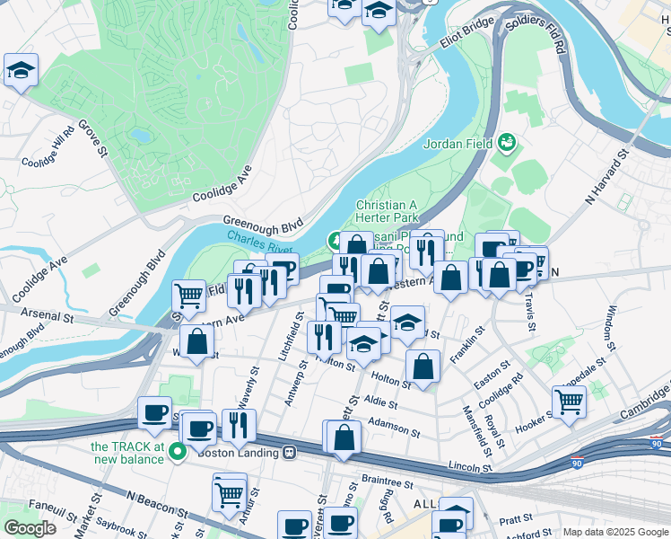 map of restaurants, bars, coffee shops, grocery stores, and more near 180 Telford Street in Boston
