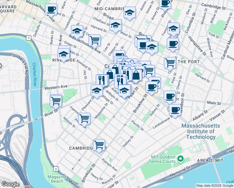 map of restaurants, bars, coffee shops, grocery stores, and more near 22 Magazine Street in Cambridge