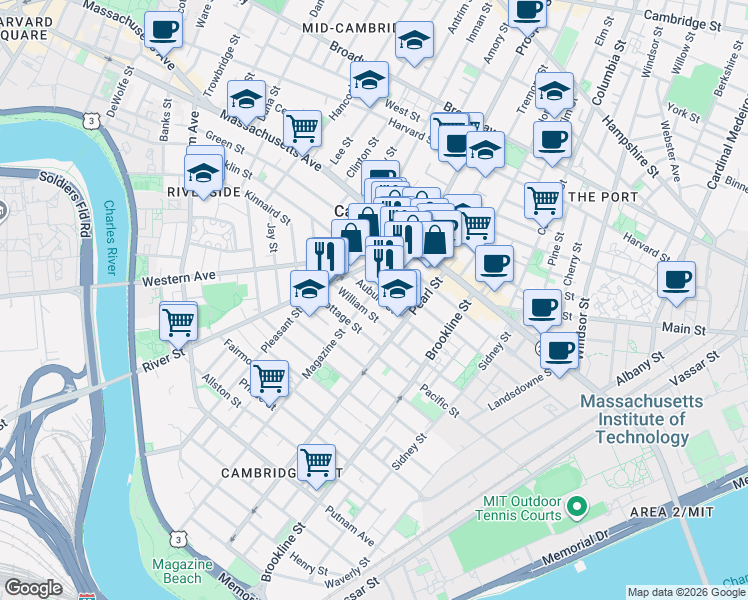 map of restaurants, bars, coffee shops, grocery stores, and more near 199 Auburn Street in Cambridge