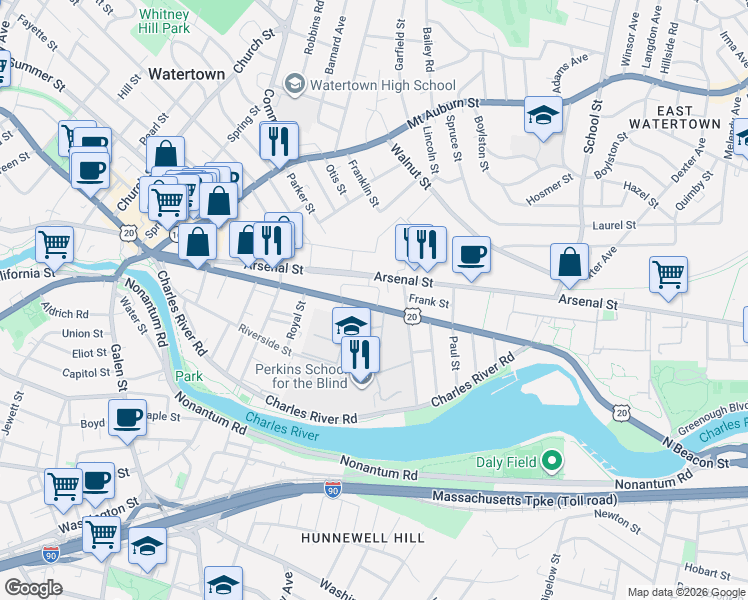 map of restaurants, bars, coffee shops, grocery stores, and more near 40 Beacon Park in Watertown