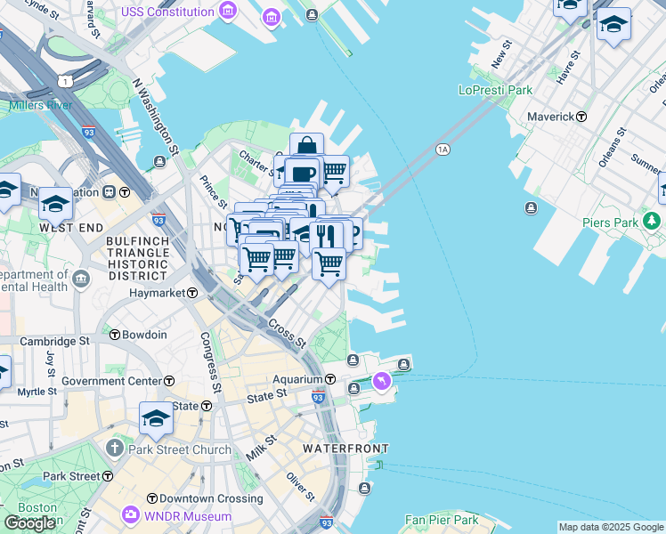 map of restaurants, bars, coffee shops, grocery stores, and more near 302-304 North Street in Boston