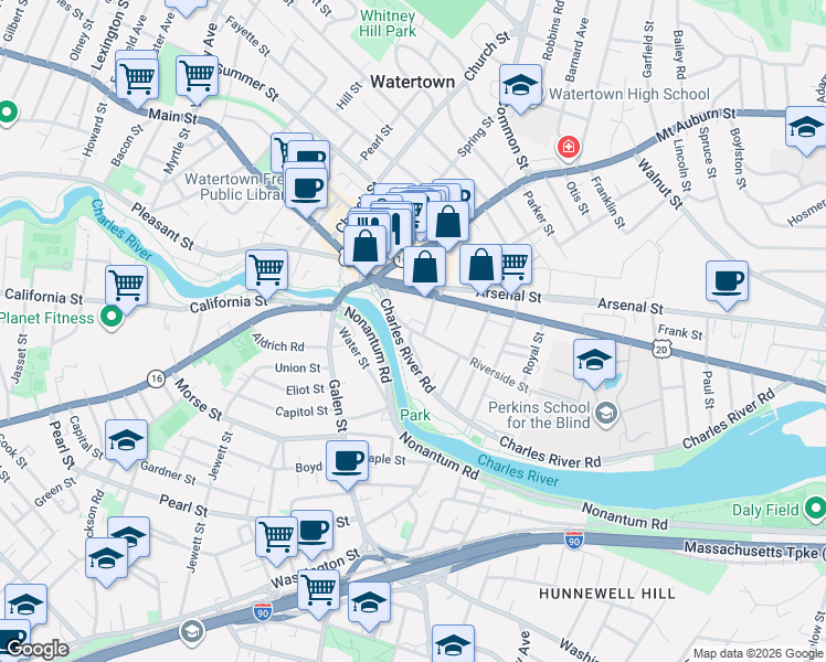 map of restaurants, bars, coffee shops, grocery stores, and more near 21 North Beacon Street in Watertown