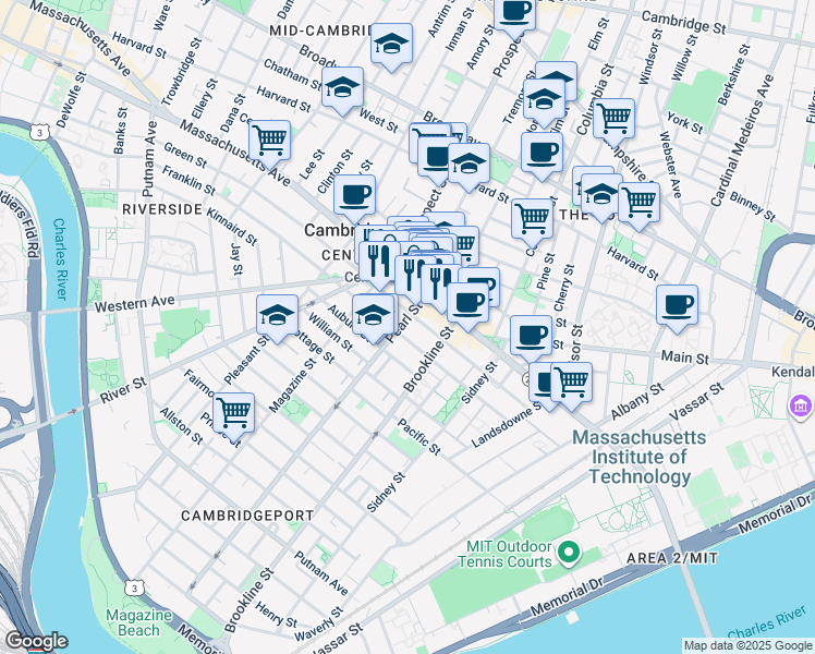 map of restaurants, bars, coffee shops, grocery stores, and more near 40 Pearl Street in Cambridge
