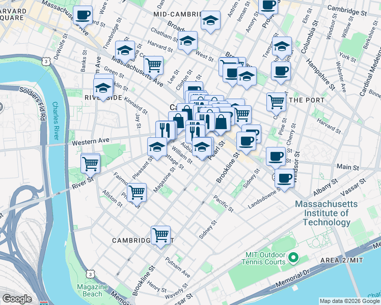 map of restaurants, bars, coffee shops, grocery stores, and more near 22 Magazine Street in Cambridge