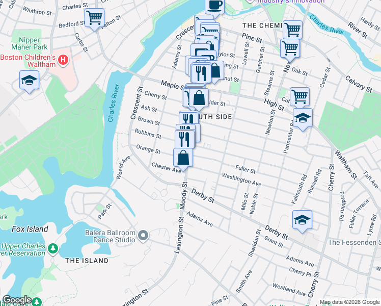 map of restaurants, bars, coffee shops, grocery stores, and more near 730 Moody Street in Waltham