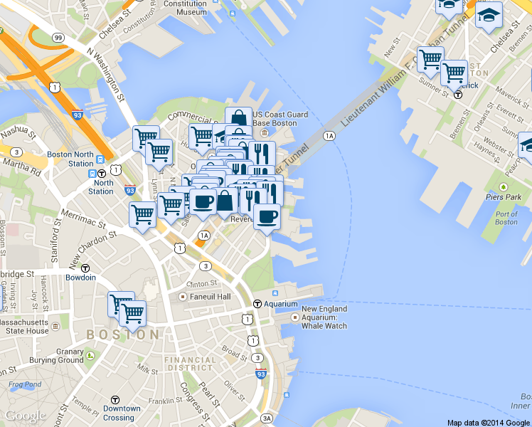 map of restaurants, bars, coffee shops, grocery stores, and more near in Boston