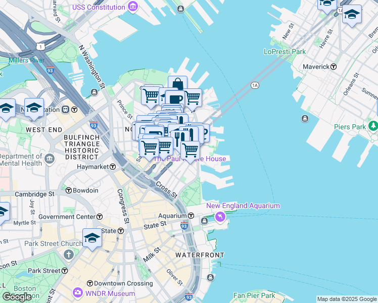 map of restaurants, bars, coffee shops, grocery stores, and more near 302-304 North Street in Boston