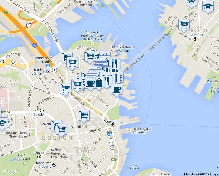 map of restaurants, bars, coffee shops, grocery stores, and more near 302-304 North Street in Boston