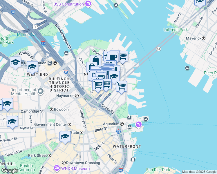 map of restaurants, bars, coffee shops, grocery stores, and more near 15-17 North Square in Boston
