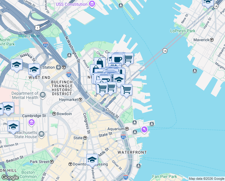 map of restaurants, bars, coffee shops, grocery stores, and more near 15-17 North Square in Boston