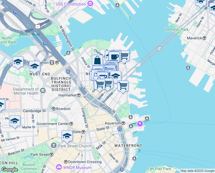 map of restaurants, bars, coffee shops, grocery stores, and more near 15-17 North Square in Boston