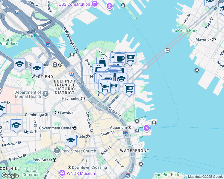 map of restaurants, bars, coffee shops, grocery stores, and more near 15-17 North Square in Boston