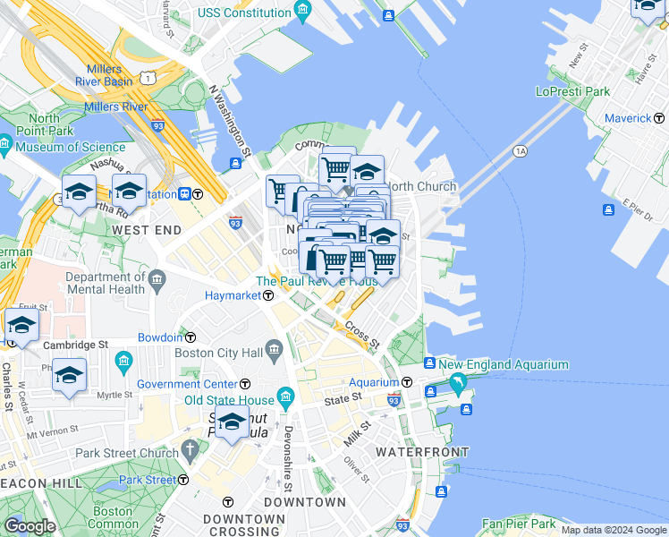 map of restaurants, bars, coffee shops, grocery stores, and more near in Boston