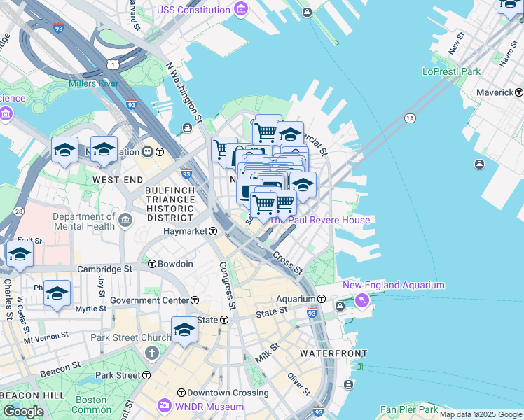 map of restaurants, bars, coffee shops, grocery stores, and more near in Boston