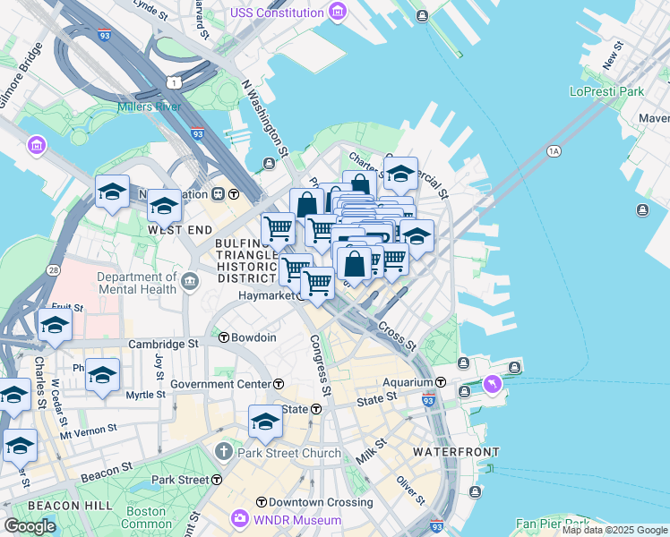 map of restaurants, bars, coffee shops, grocery stores, and more near 21 Cooper Street in Boston