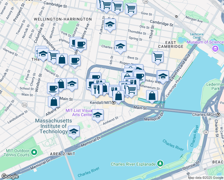 map of restaurants, bars, coffee shops, grocery stores, and more near Loughrey Walkway in Cambridge