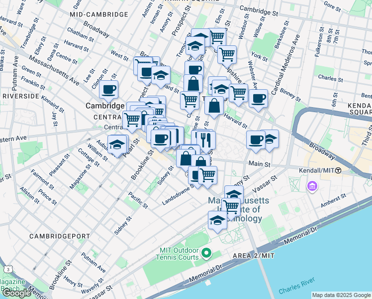 map of restaurants, bars, coffee shops, grocery stores, and more near 23 Pine Street in Cambridge
