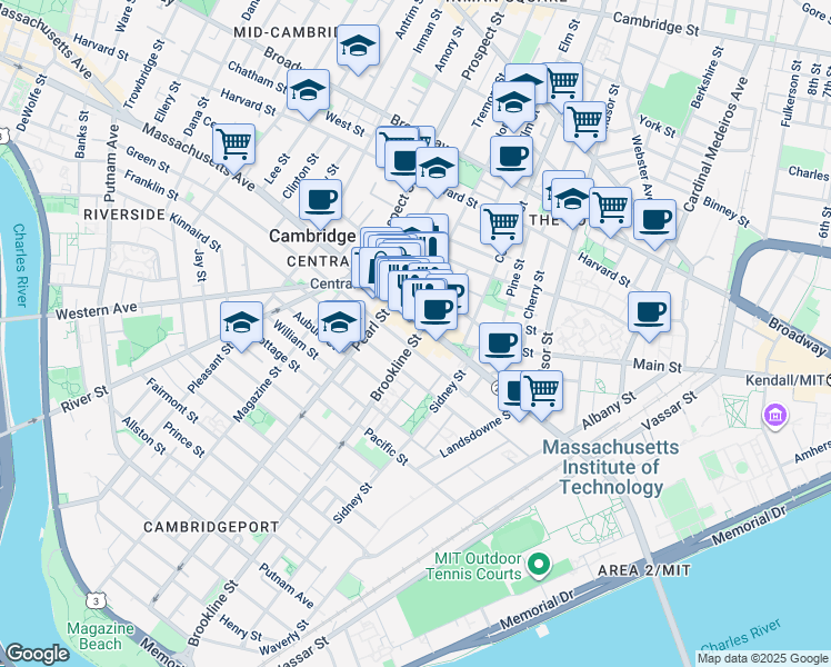 map of restaurants, bars, coffee shops, grocery stores, and more near 70 Bishop Allen Drive in Cambridge