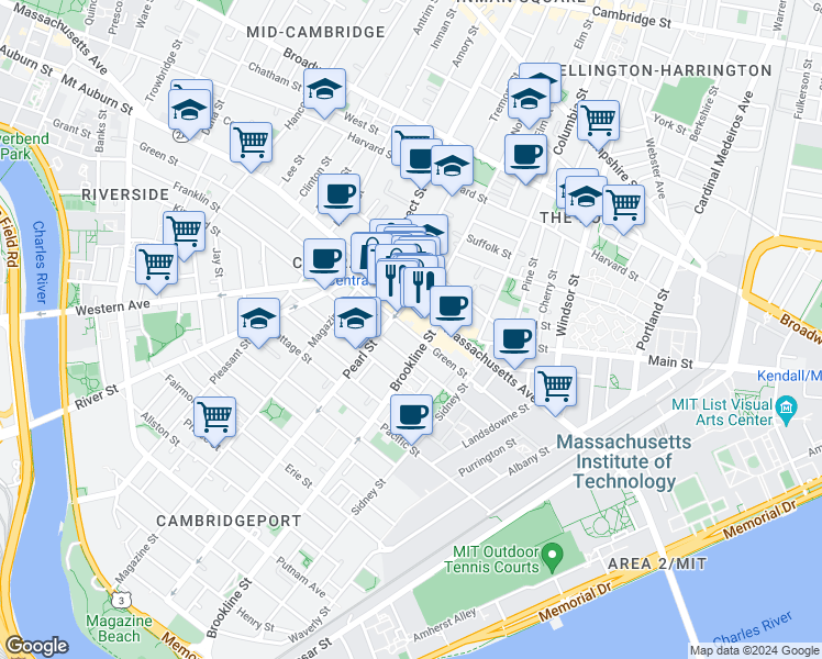 map of restaurants, bars, coffee shops, grocery stores, and more near in Cambridge