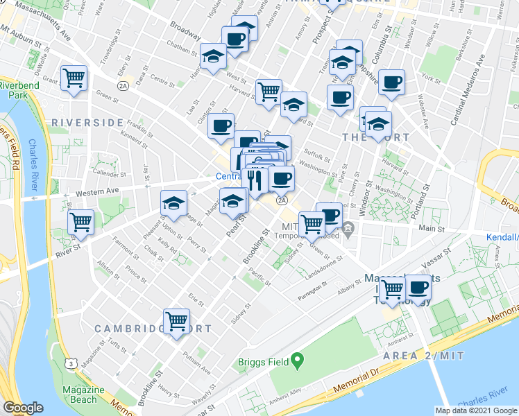map of restaurants, bars, coffee shops, grocery stores, and more near in Cambridge