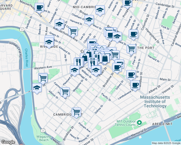 map of restaurants, bars, coffee shops, grocery stores, and more near 199 Auburn Street in Cambridge