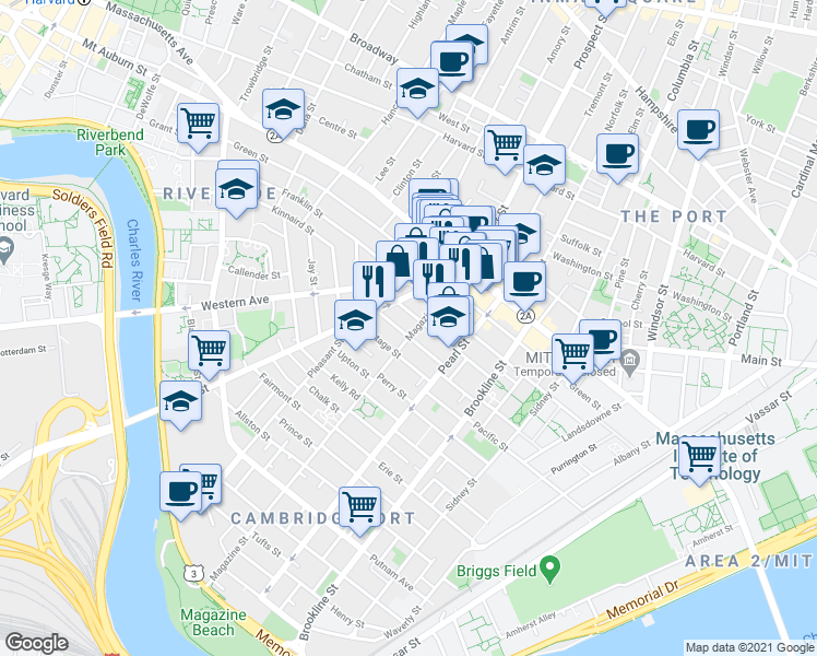 map of restaurants, bars, coffee shops, grocery stores, and more near 199 Auburn Street in Cambridge
