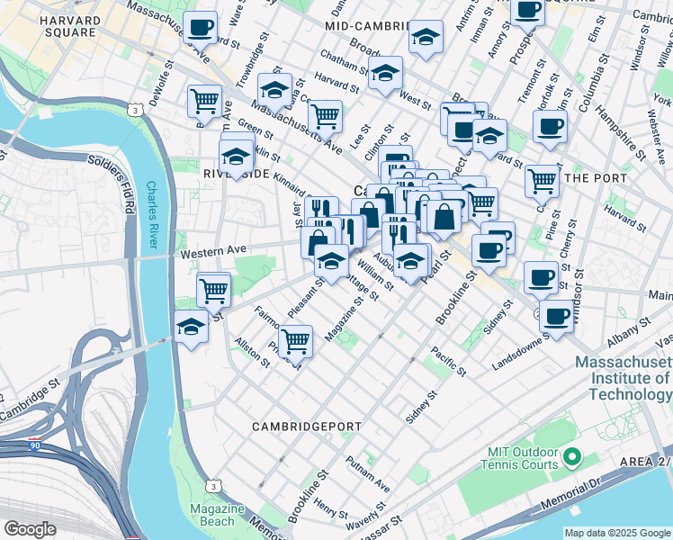 map of restaurants, bars, coffee shops, grocery stores, and more near 75 River Street in Cambridge