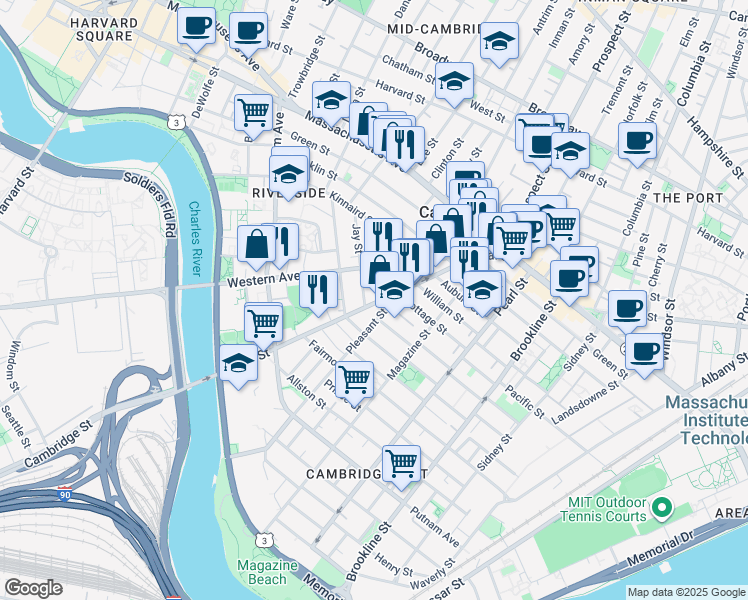 map of restaurants, bars, coffee shops, grocery stores, and more near 13 Kinnaird Street in Cambridge
