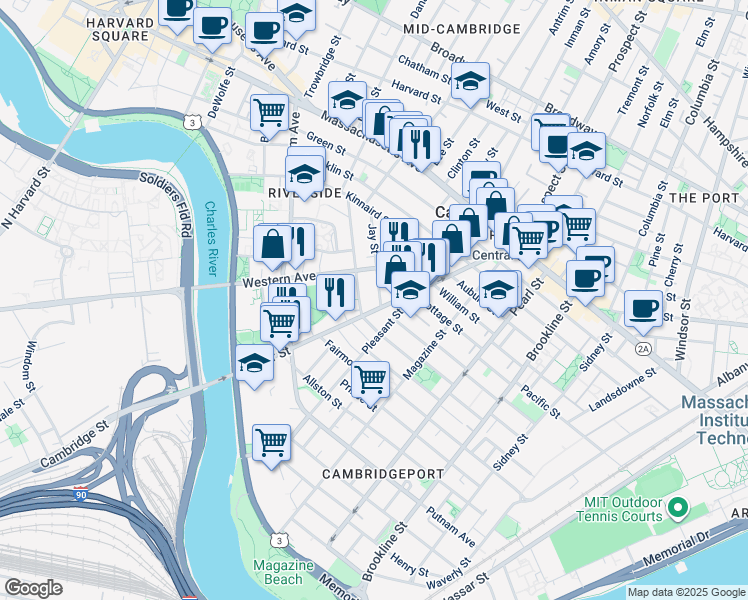 map of restaurants, bars, coffee shops, grocery stores, and more near 22 Howard Street in Cambridge