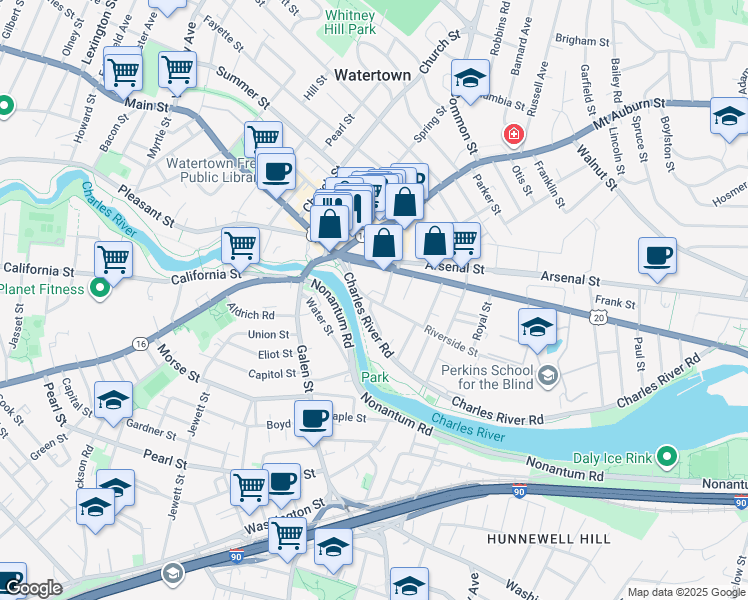 map of restaurants, bars, coffee shops, grocery stores, and more near 21 North Beacon Street in Watertown