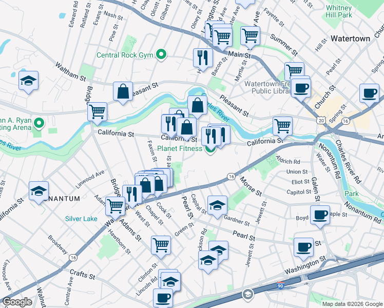 map of restaurants, bars, coffee shops, grocery stores, and more near 194 California Street in Newton