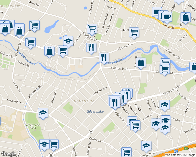 map of restaurants, bars, coffee shops, grocery stores, and more near 404 California Street in Newton