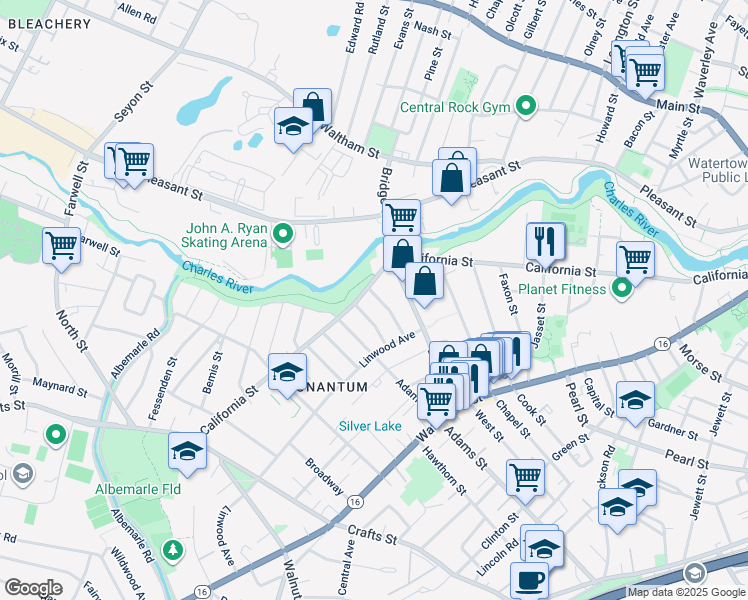 map of restaurants, bars, coffee shops, grocery stores, and more near 404 California Street in Newton