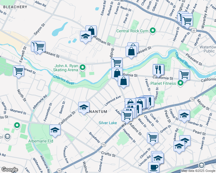map of restaurants, bars, coffee shops, grocery stores, and more near 404 California Street in Newton