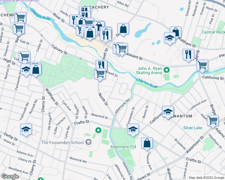 map of restaurants, bars, coffee shops, grocery stores, and more near 85 Farwell Street in Newton