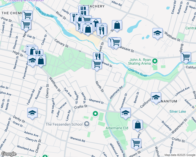 map of restaurants, bars, coffee shops, grocery stores, and more near 161 North Street in Newton