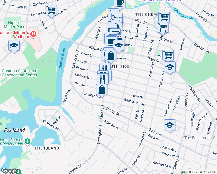 map of restaurants, bars, coffee shops, grocery stores, and more near 116 Robbins Street in Waltham