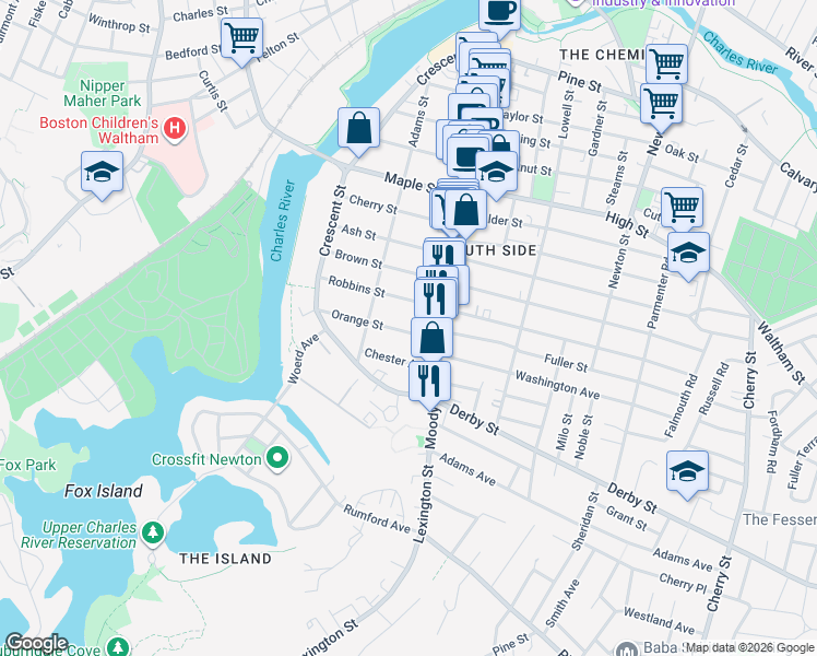 map of restaurants, bars, coffee shops, grocery stores, and more near 85 Robbins Street in Waltham