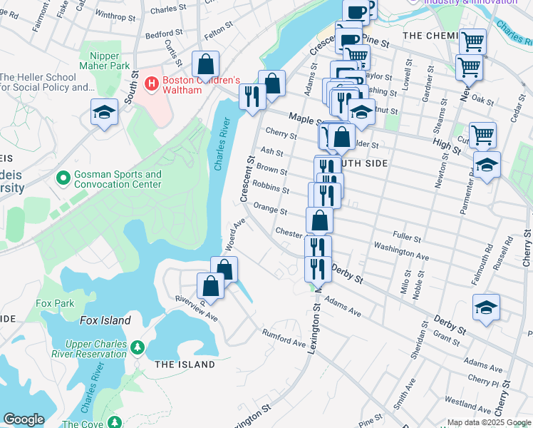 map of restaurants, bars, coffee shops, grocery stores, and more near 22 Orange Street in Waltham