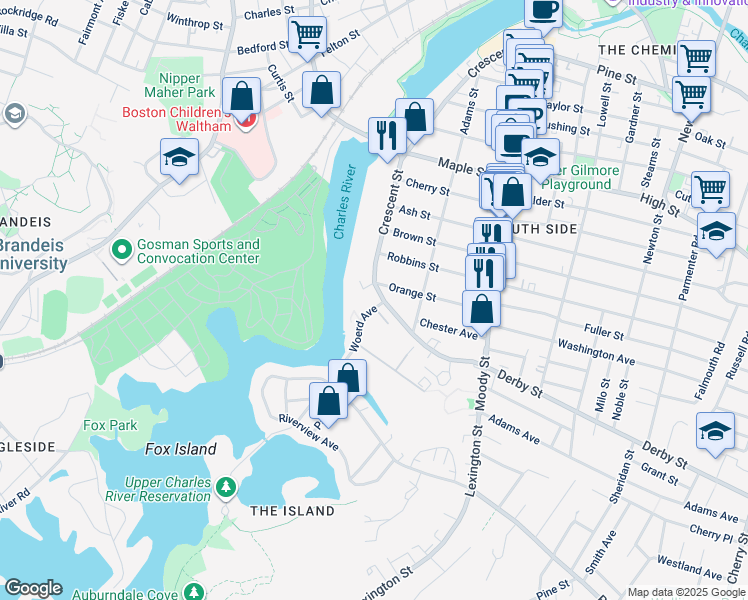 map of restaurants, bars, coffee shops, grocery stores, and more near 285 Crescent Street in Waltham