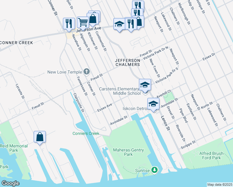 map of restaurants, bars, coffee shops, grocery stores, and more near 532 Kitchener Street in Detroit