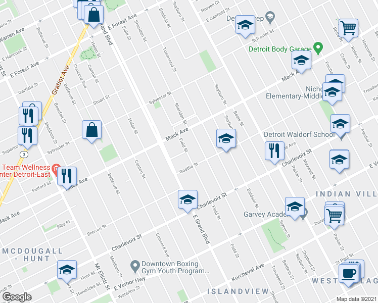 map of restaurants, bars, coffee shops, grocery stores, and more near 3487 Sheridan Street in Detroit