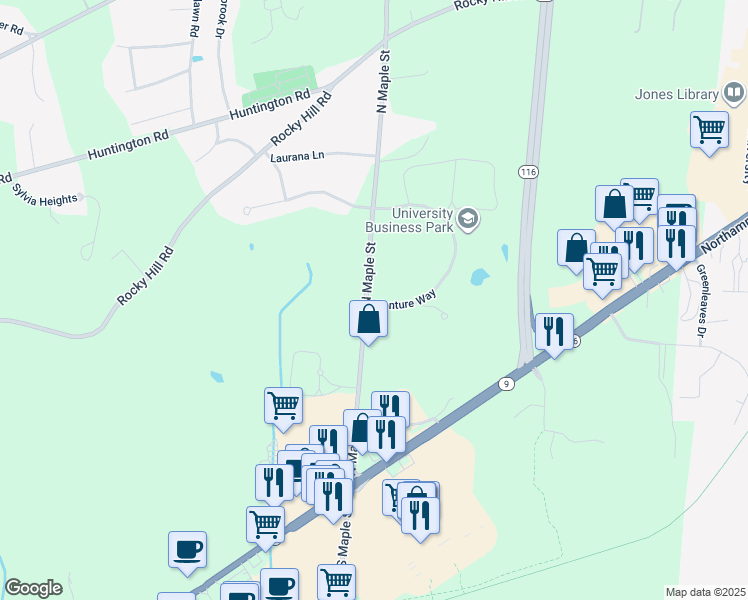 map of restaurants, bars, coffee shops, grocery stores, and more near 29 North Maple Street in Hadley