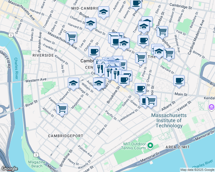 map of restaurants, bars, coffee shops, grocery stores, and more near 40 Pearl Street in Cambridge