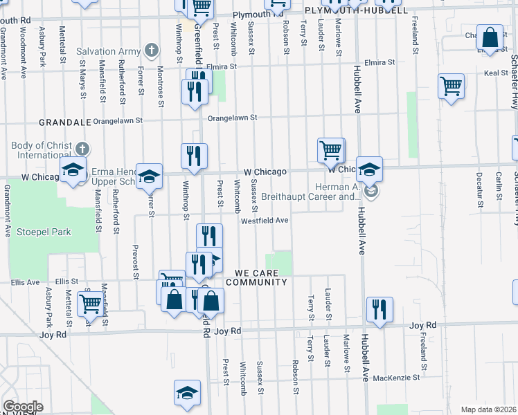 map of restaurants, bars, coffee shops, grocery stores, and more near 9387 Coyle Street in Detroit