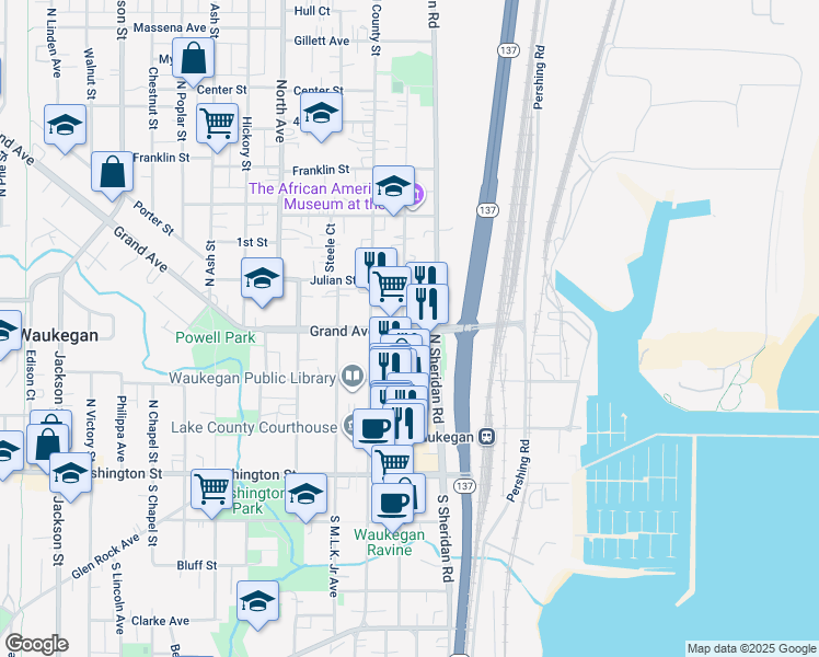 map of restaurants, bars, coffee shops, grocery stores, and more near in Waukegan