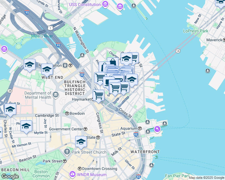 map of restaurants, bars, coffee shops, grocery stores, and more near in Boston